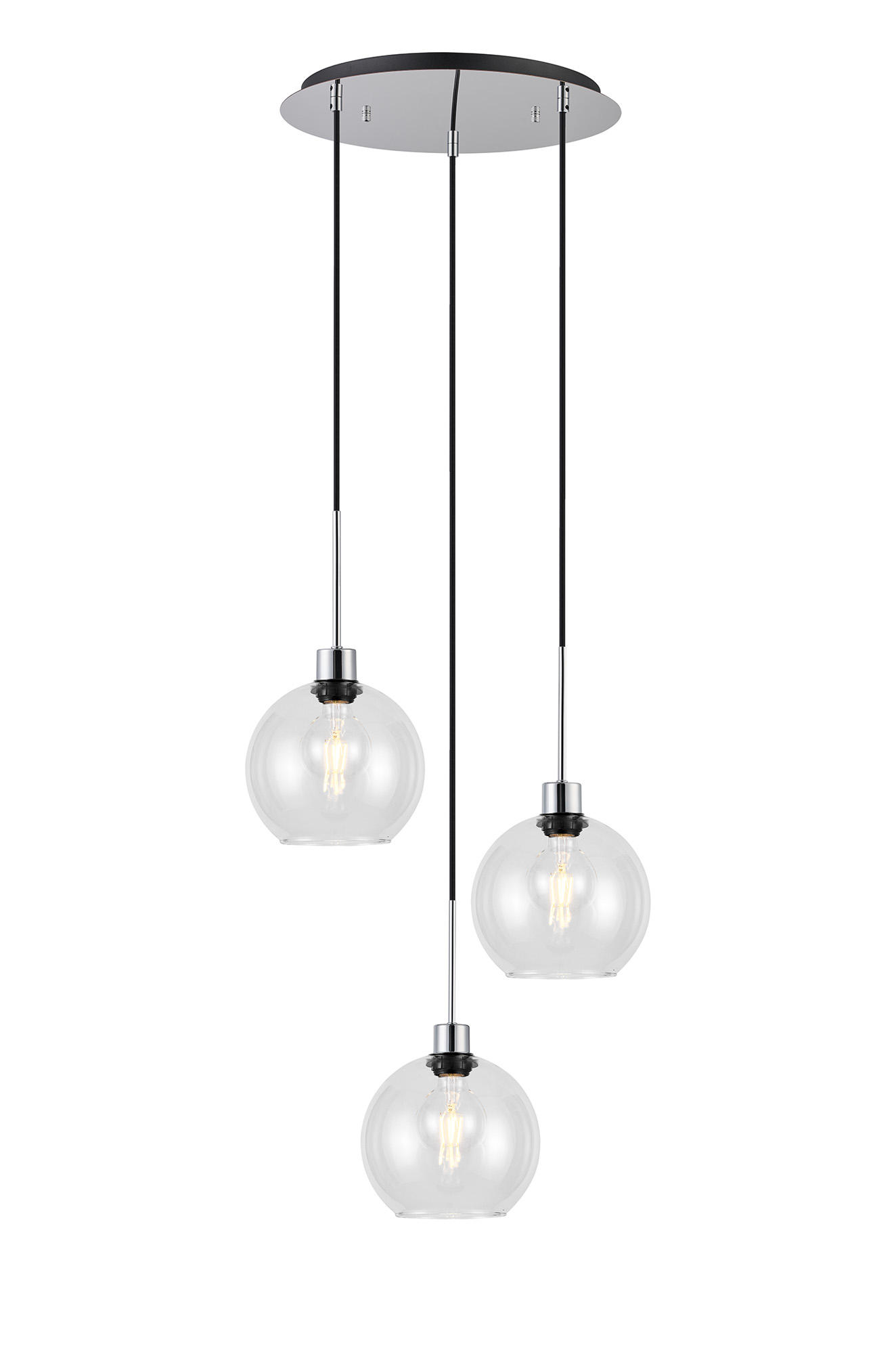 Lori 40cm Round Pendant, 3 Light Adjustable E27, Polished Chrome/Clear Open Mouth Round Globe Shades